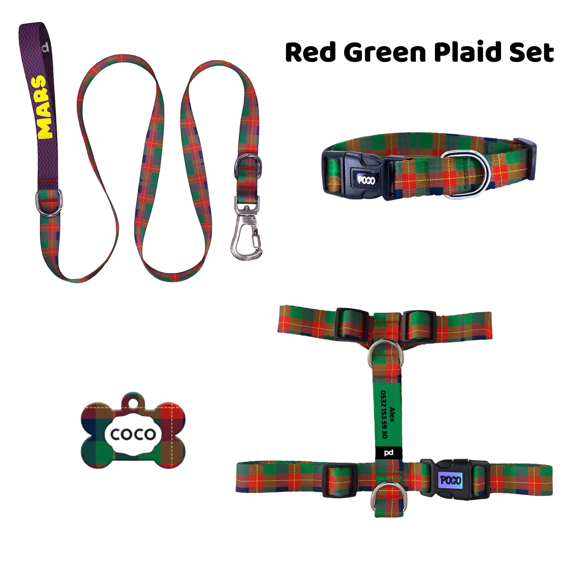 Red Green Plaid | Tasma ve Künye Seti - Evcil hayvanlar için mükemmel bir ürün.