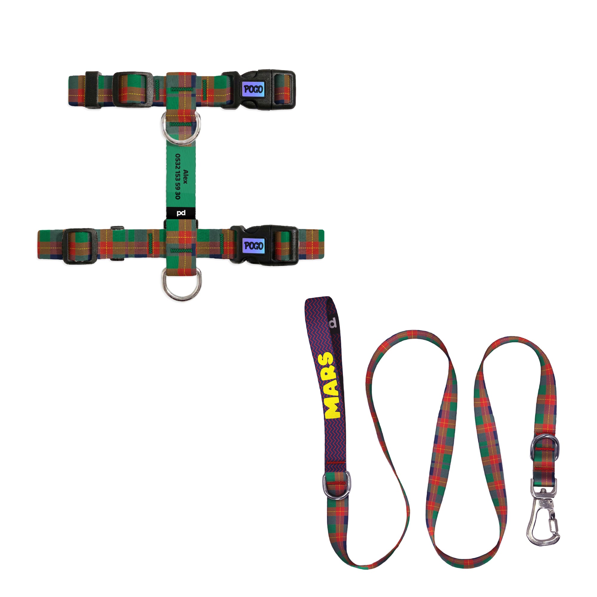 Red Green Plaid Kedi Gezdirme Seti - Göğüs Tasması ve İp
