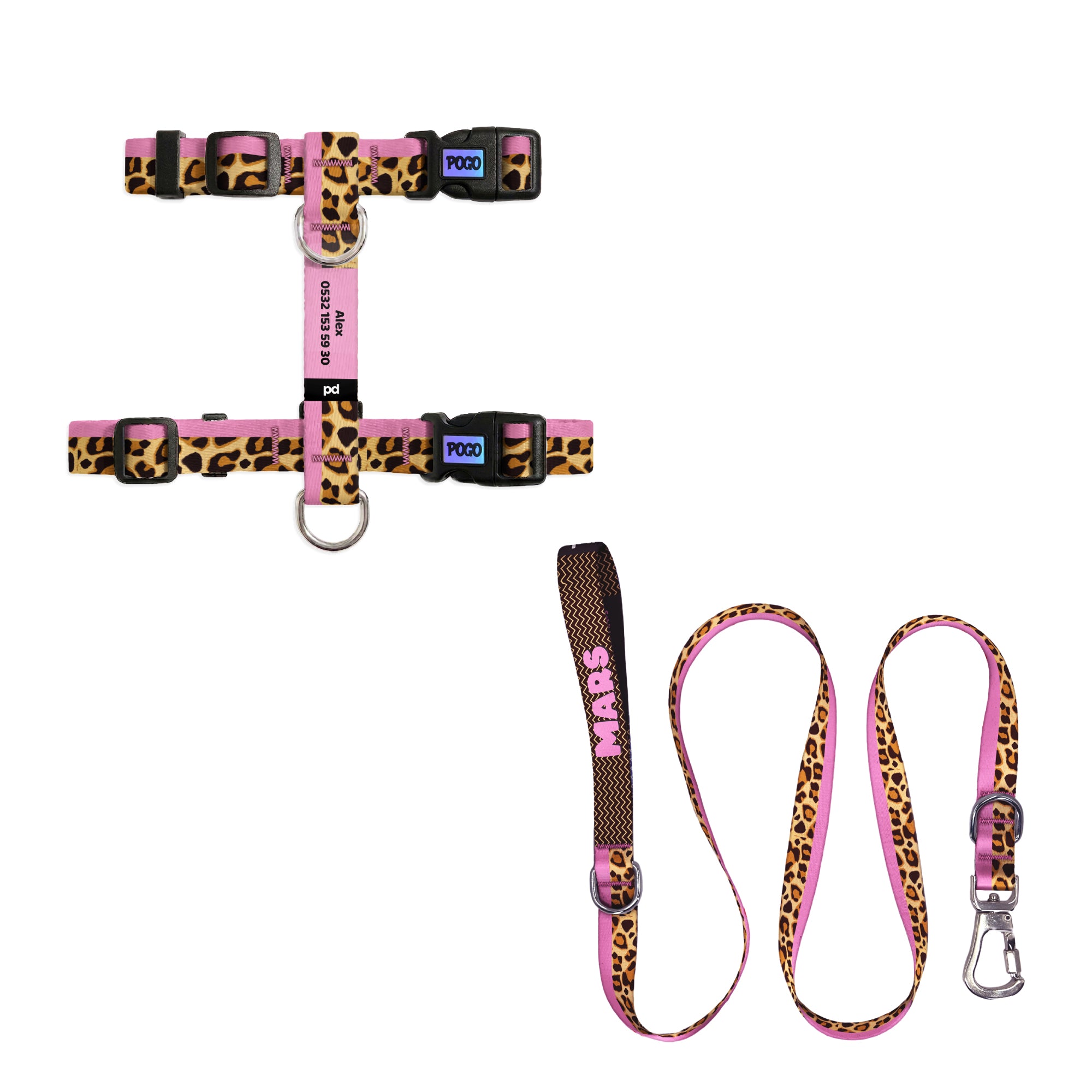 Leopard Pembe Kedi Gezdirme Seti - Göğüs Tasması ve İp
