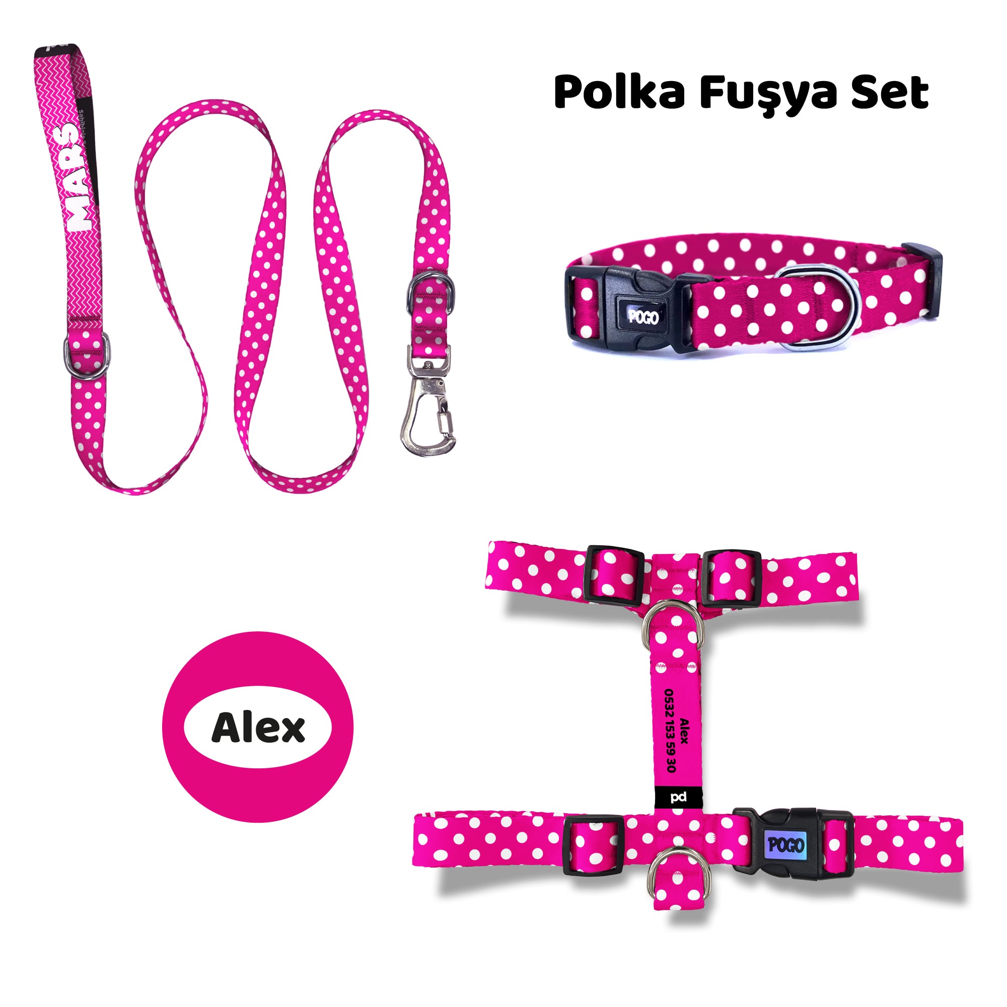 Polka Fuşya | Tasma ve Künye Seti