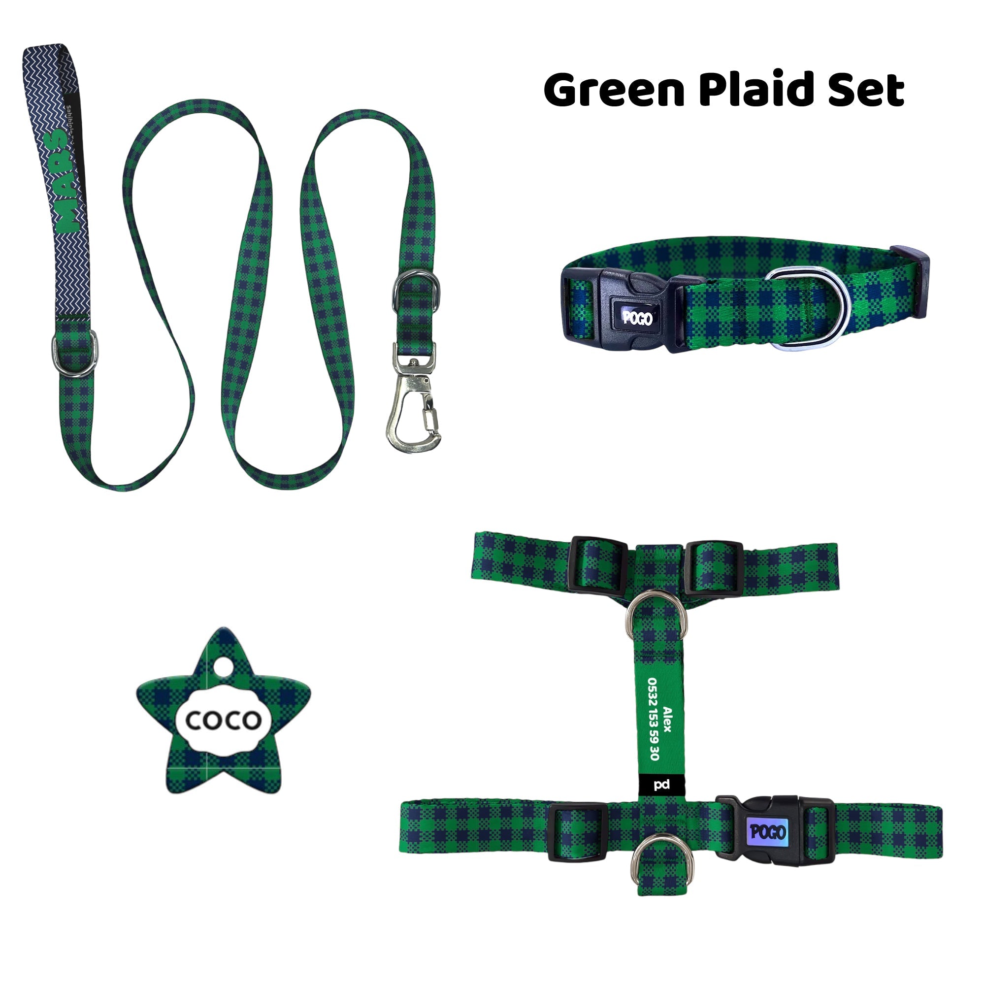 Green Plaid | Tasma ve Künye Seti - Evcil hayvanlar için mükemmel bir ürün.