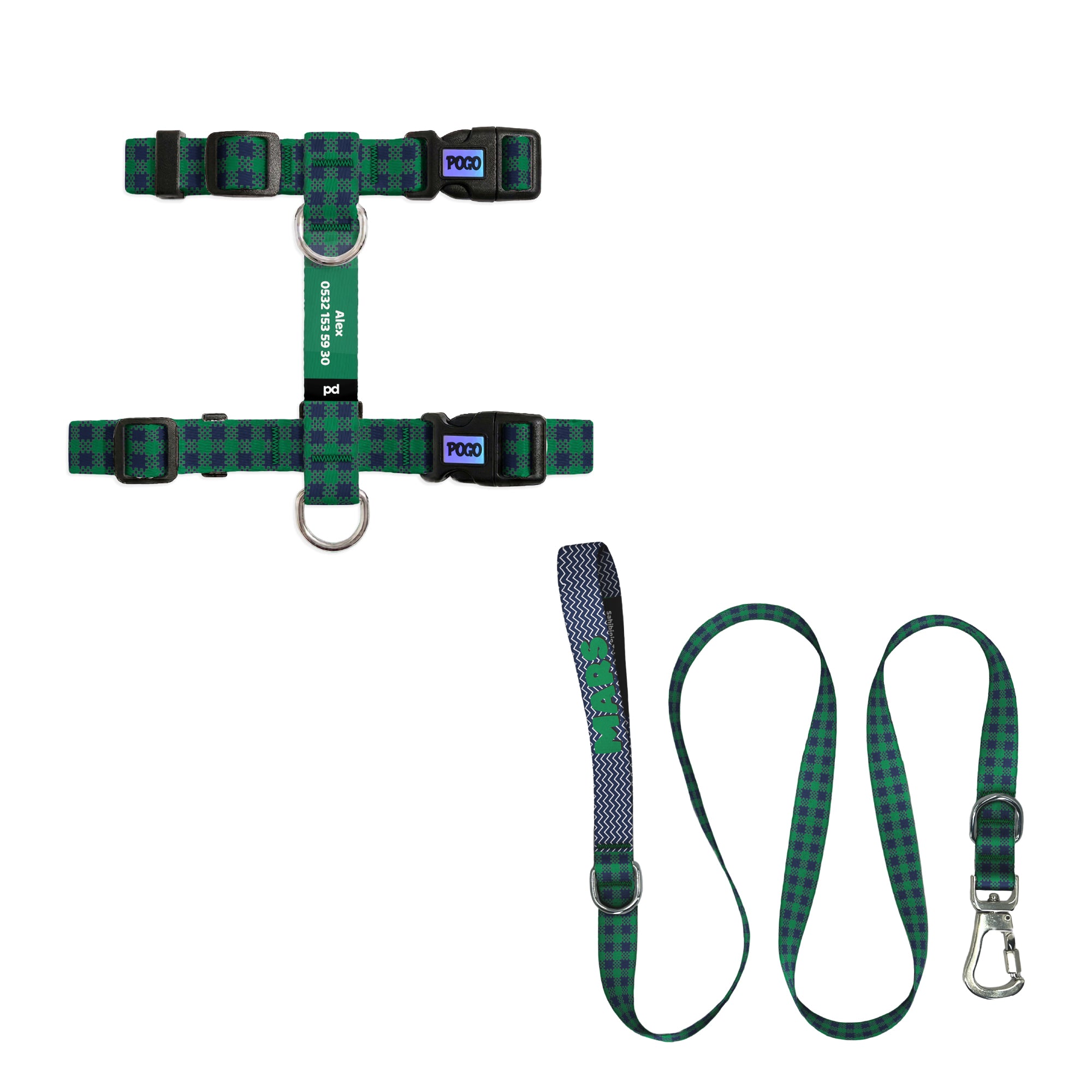 Green Plaid Kedi Gezdirme Seti - Göğüs Tasması ve İp
