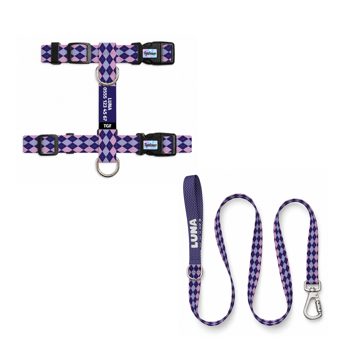 Lilac Check | Kedi Gezdirme Setleri – Göğüs tasması ve gezdirme kayışı