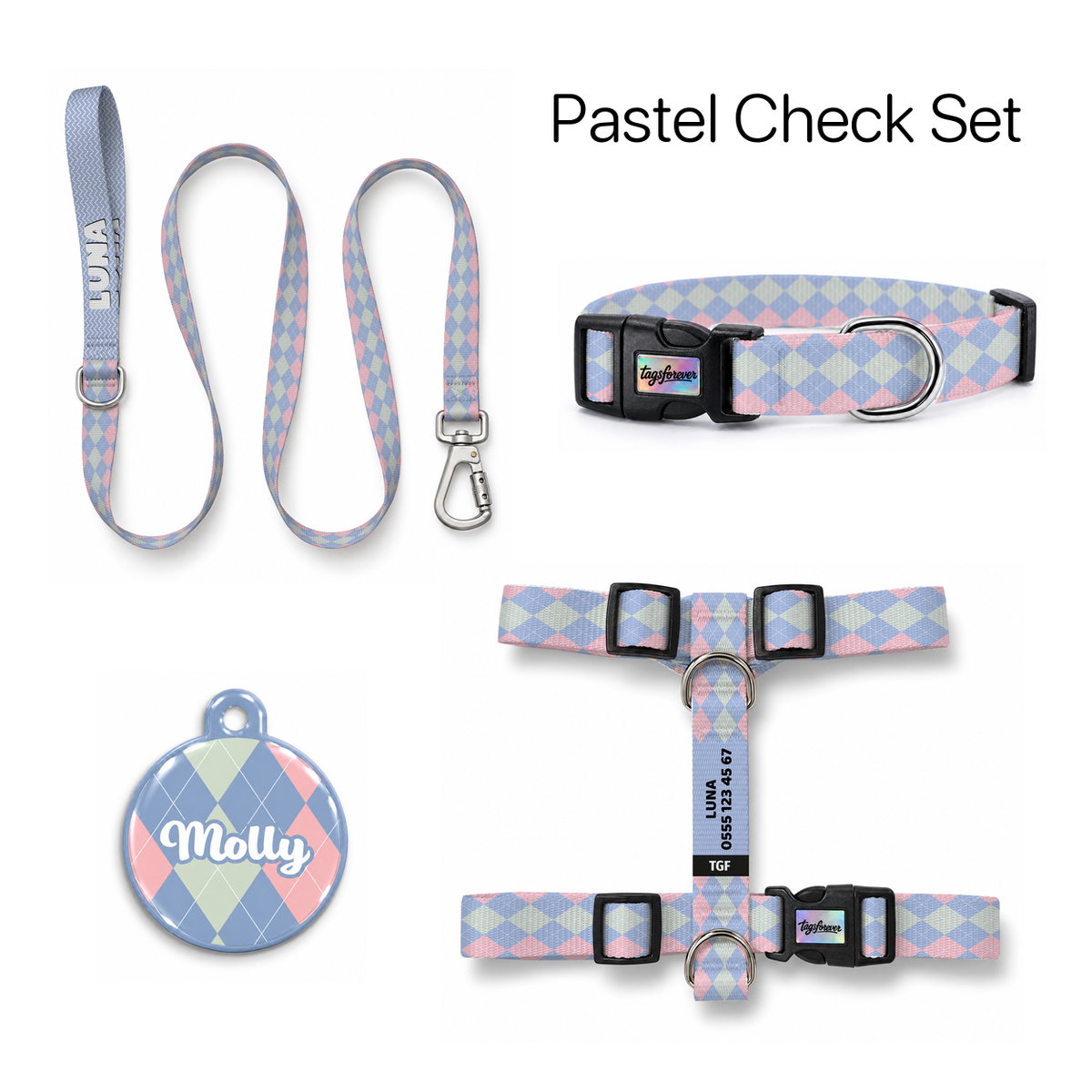Pastel Check Tasma ve Künye Seti – Set fotoğrafı