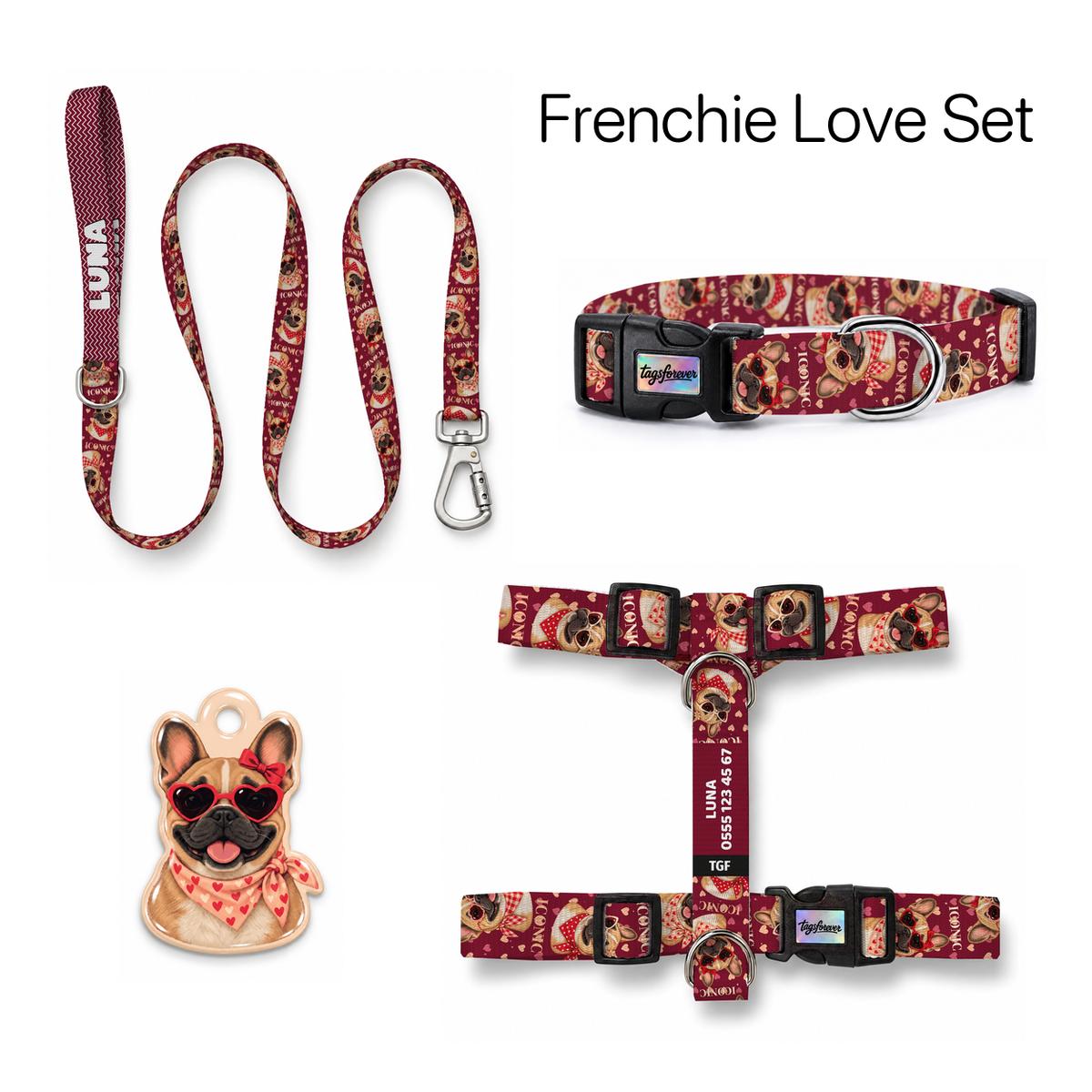 Frenchie Love Tasma ve Künye Seti – Set fotoğrafı
