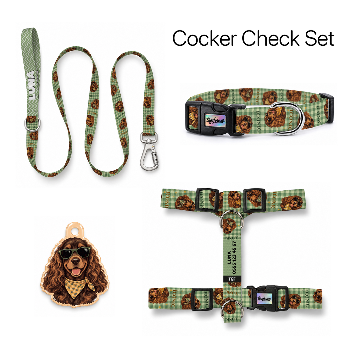 Cocker Check Tasma ve Künye Seti – Set fotoğrafı