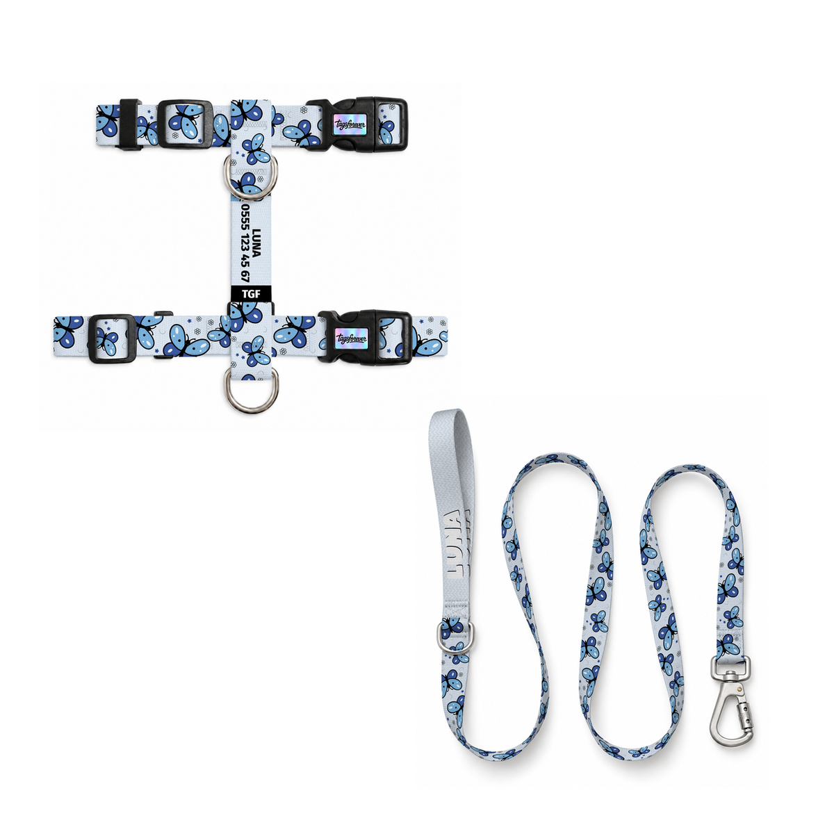 Flora Blue | Kedi Gezdirme Setleri – Göğüs tasması ve gezdirme kayışı