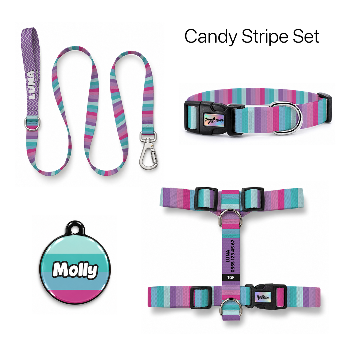Candy Stripe Tasma ve Künye Seti – Set fotoğrafı