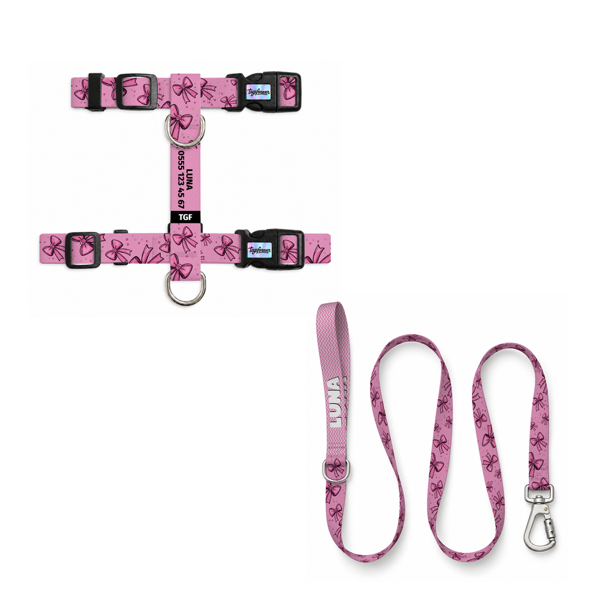 Pink Bow | Kedi Gezdirme Setleri – Göğüs tasması ve gezdirme kayışı