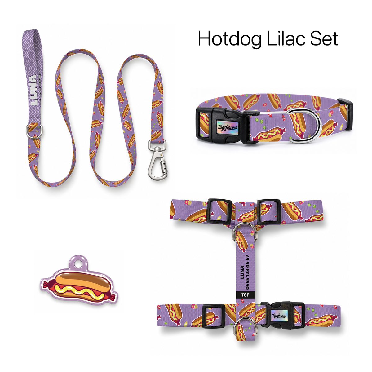 Hotdog Lilac Tasma ve Künye Seti – Set fotoğrafı