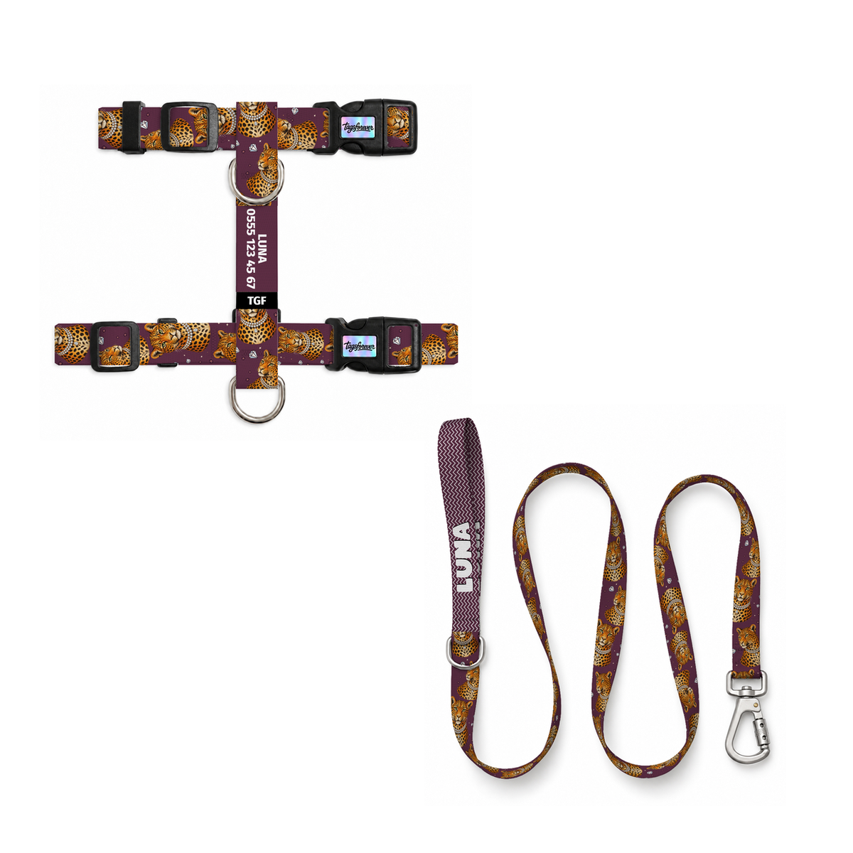 Plum Leopard | Kedi Gezdirme Setleri – Göğüs tasması ve gezdirme kayışı